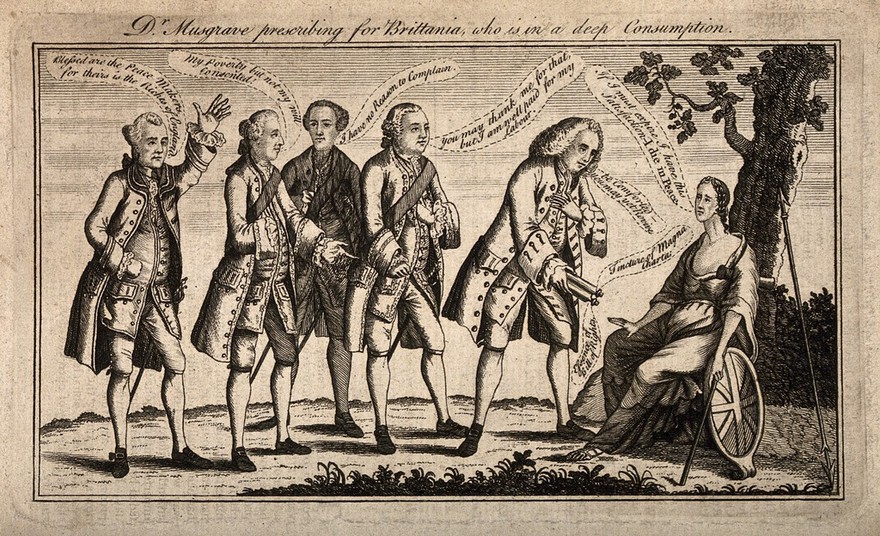A doctor giving a woman some medicine in front of a group of disagreeing men; representing Dr. Musgrave's attempt to bring charges against a group of politicians who had allegedly taken bribes from the French to complete the Treaty of Paris in 1763. Etching, 1769.