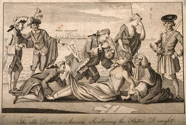 A half naked woman held by two men, one of whom is peering up her skirt, while another forcibly pours the contents of a teapot down her throat which she spits back into his face: representing America being punished by British politicians with the Boston Port Bill. Engraving, 1774.