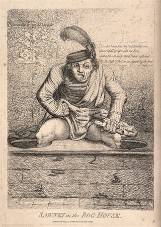 A Scotsman in Highland dress seated with his legs down two latrines, grasping the "Act for establishing Popery"; representing the Scottish rejection of the Catholic Relief Act. Etching, 1779.