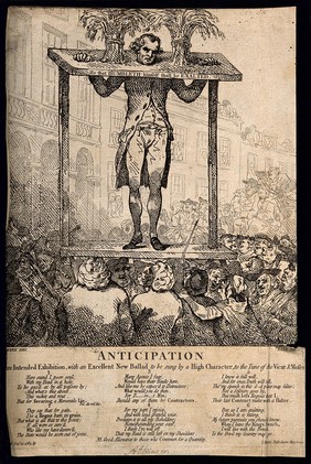 Christopher Atkinson pilloried as part of his sentence for cheating on the Navy Victualling Board; illustrated by a pillory embellished with sheafs of corn amidst a huge crowd outside the corn exchange. Etching by T. Rowlandson, 1784.