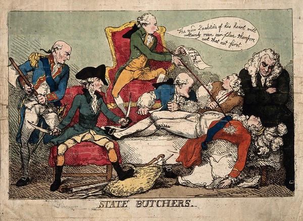 William Pitt the younger and his ministers as anatomists dissecting the body of the Prince of Wales; representing Pitt's reduction of the powers of the regent. Coloured etching by Thomas Rowlandson, 1788/1789.