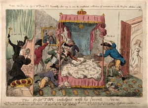 view Dr Richard Price kneeling on a large crown (with a demon on his back) to look through a peep-hole at a group of ruffians ransacking Marie Antoinette's bedroom; representing a speech by Price which allegedly advocated the French Revolution. Coloured etching by I. Cruikshank, 1790 (?).