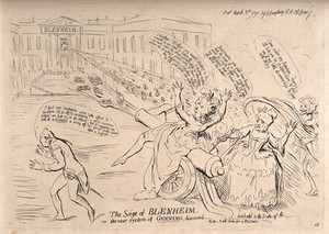 view Elizabeth Gunning astride a cannon firing by the pen of her mother a blast of forged letters at the facade of Blenheim - which a figure defends with a blast of excrement - the Duchess of Bedford offers her petticoat as cover while General Gunning retreats from the battlefield; representing the Gunning scandal. Etching by J. Gillray, 1791.