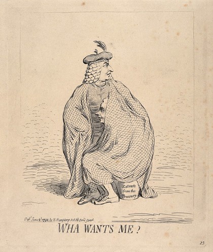 Henry Dundas, wearing traditional Scottish costume, protects William Pitt the younger under a large tartan cape; implying Dundas's sympathetic attitude towards Pitt referred to by Courtenay in a famous speech. Etching by J. Gillray, 1792.
