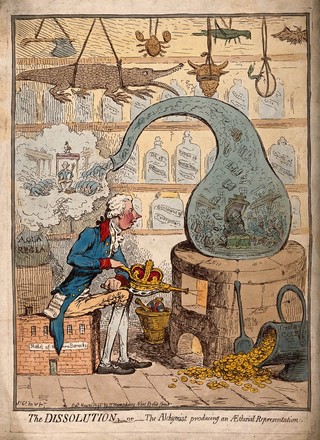 William Pitt the younger as an alchemist using a crown-shaped bellows to blow the flames of a furnace and heat a glass vessel in which the House of Commons is distilled; representing the dissolution of parliament by Pitt. Coloured etching by J. Gillray, 1796.