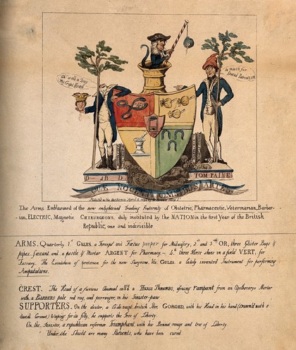 A mock escutcheon for a united, British republican college of health practitioners; representing British debate over the French Revolution. Coloured etching, 1798.
