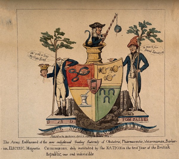 A mock escutcheon for a united, British republican college of health practitioners; representing British debate over the French Revolution. Coloured etching, 1798.