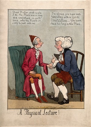 view William Pitt the younger consults the doctor John Bull on his failing health. Coloured aquatint, 1798.