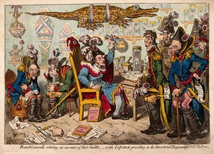 view Larevellière-Lépeaux sits in a disordered quack doctor's room, in the presence of seven wounded French generals, one of them vomiting; representing French defeats in 1799 and Bonaparte's failed imperial ambitions in the east. Coloured etching by J. Gillray, 1799.