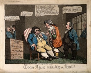 view Sheridan presented as Francisco Pizarro presented as a physician; representing his loyalty to the British Crown against the Franch Revolution and Bonaparte. Coloured aquatint, 1799.