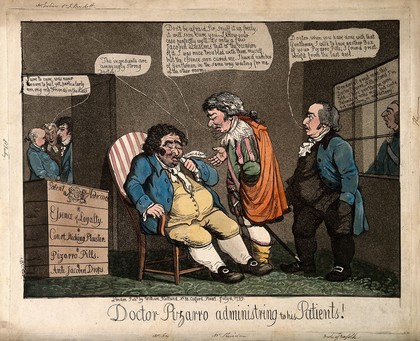 Sheridan presented as Francisco Pizarro presented as a physician; representing his loyalty to the British Crown against the Franch Revolution and Bonaparte. Coloured aquatint, 1799.