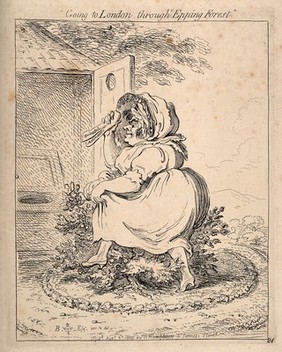 A voluminous woman crossing a bush in a circle of foliage to get to a latrine; perhaps representing Garnerin's London balloon flights of the time. Etching by J. Gillray, 1802.
