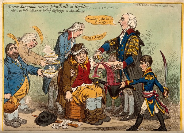 Henry Addington as a medical practitioner bleeding the exhausted John Bull, assisted by other politicians; representing Britain's strength being sapped by nepotism in politics and by war with Napoleon. Coloured etching by J. Gillray, 1803.