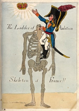 view Napoleon climbing a headless skeleton trying to reach an unattainable crown; representing his imperial ambitions for France and his own for sovereignty. Coloured etching, 1803.