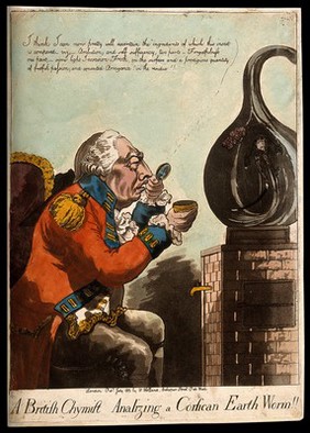 King George III analysing the residue from a large glass retort containing a small figure; representing the English view of Napoleon. Coloured aquatint by T. West, 1803.