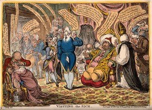 view Charles James Fox, dangerously ill, visited by an entourage of interested factions; representing the social and ministerial conflict surrounding him. Coloured etching by J. Gillray, 1806.