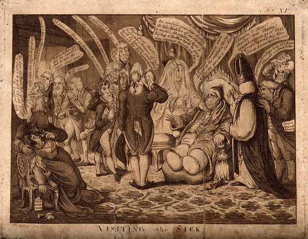 Charles James Fox, dangerously ill, visited by an entourage of interested factions; representing the social and ministerial conflict surrounding him. Aquatint after J. Gillray, 1806.