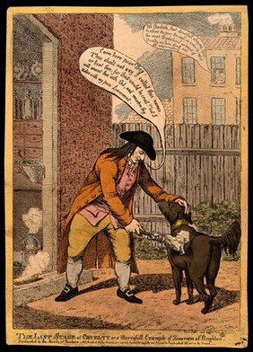 John Glaisyer a Quaker anointing a dog with burning vitriol oil; implying a satirical attack on the Quaker movement. Coloured etching by C. Williams, 1806.