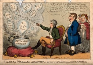 view A seated man in front of a chamber pot which is emitting bubbles, a group of people stand behind him; representing Gwyllym Lloyd Wardle's involvement with Mrs. Clarke. Coloured etching, 1809.