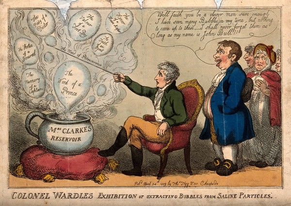 A seated man in front of a chamber pot which is emitting bubbles, a group of people stand behind him; representing Gwyllym Lloyd Wardle's involvement with Mrs. Clarke. Coloured etching, 1809.