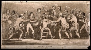 view John Bull as the patient of promotors of competing therapies; representing British parliamentary reform. Aquatint by S. de Wilde, 1809.