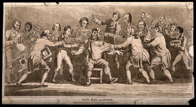 John Bull as the patient of promotors of competing therapies; representing British parliamentary reform. Aquatint by S. de Wilde, 1809.