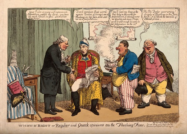 Three doctors converge around John Pitt, 2nd earl of Chatham, as their patient; representing the embarrassment of the failed Walcheren Expedition in Flanders. Coloured etching by C. Williams, 1809.