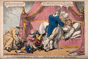 view The Regent approaching Lady Hertford who is giving birth to fully dressed little men, Perceval (dressed as a nurse) helps them stand up; representing additions to the ministry after the removal of the Regency restrictions. Coloured etching by C. Williams, 1812.