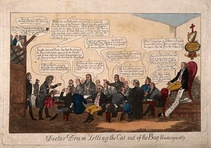 view Thomas Dromgoole speaking at a meeting of the Catholic Board in Dublin; represented as Doctor Drum "letting the cat out of the bag". Coloured etching, 1813.