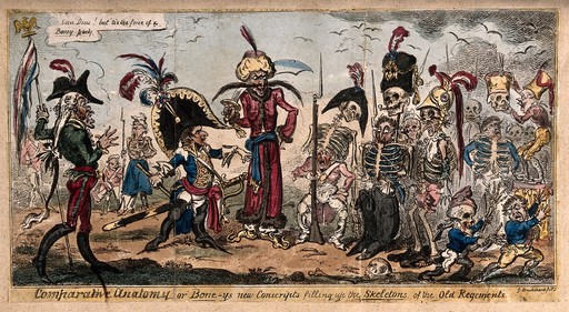 The diminished Napoléon before his despondent relief troops squeezed into the skeletons of their predecessors; satirizing French military losses. Coloured etching by G. Cruikshank, 1813.