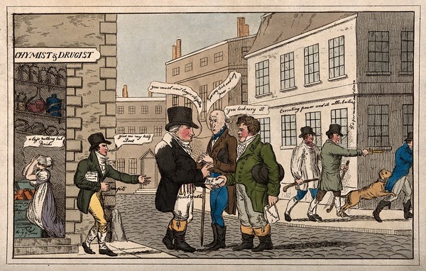 Several sinister events in a London street. Coloured etching.