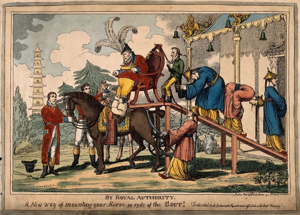 The gouty Prince Regent being helped on to his horse by Chinese assistants using an elaborate contraption outside the Chinese pagoda in Kew Gardens. Coloured etching attributed to Charles Williams, 1816.