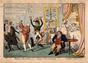 view The Prince Regent presenting to political ministers the expected baby of Princess Charlotte and Prince Leopold, who urinates in their faces; representing the burden of taxation required by the Royal family. Coloured etching by G. Cruikshank, 1816.