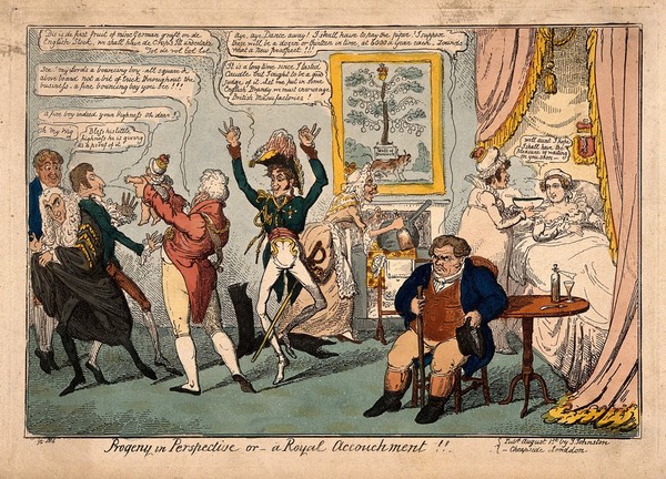 The Prince Regent presenting to political ministers the expected baby of Princess Charlotte and Prince Leopold, who urinates in their faces; representing the burden of taxation required by the Royal family. Coloured etching by G. Cruikshank, 1816.