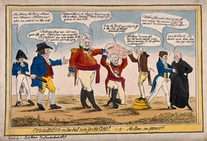 view George, Prince Regent, in uniform holding out a swollen hand which is supported by Wellington; representing the enormous amount of money given to the army compared with the navy. Coloured lithograph, 1816.