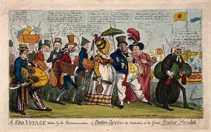 view King George IV and entourage laden with provisions, about to embark from Brighton in the Royal Yacht; representing the extravagant monarch's distressed retreat from England at the time of the Queen's trial. Coloured etching by R. Cruikshank, 1820.