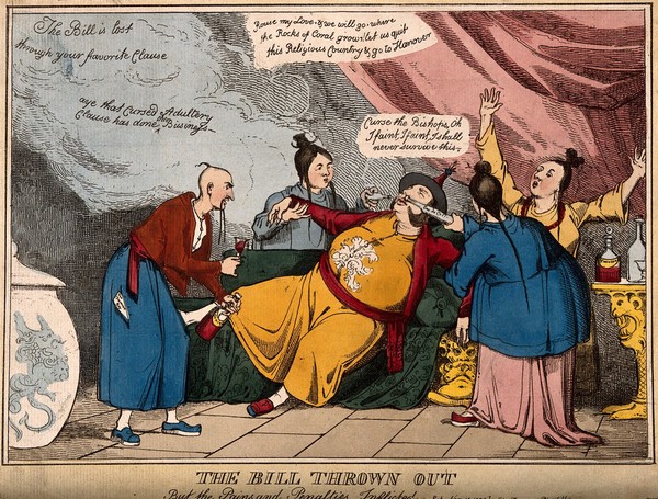 A mandarin falls back fainting onto a settee, attended by three ladies and a man all in Chinese dress; representing the King's anguish at the bill (which condemned the Queen's adultery and reduced her rights) being thrown out. Coloured etching, 1820.