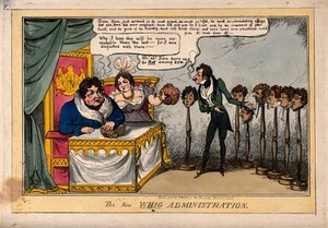 view King George IV with Lady Conyngham inspecting wigs on wig-stands presented by a Frenchman; representing a disagreement in the cabinet with the 'Canning-ites' over the Corn bill. Coloured etching by T. Jones, 1828.