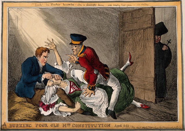 Wellington and Peel in the roles of the body-snatchers Burke and Hare suffocating Mrs Docherty for sale to Dr. Knox; representing the extinguishing by Wellington and Peel of the Constitution of 1688 by Catholic Emancipation. Coloured etching by W. Heath, 1829.