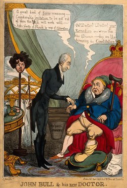 A gouty patient having his pulse taken by a doctor; representing George IV's opposition to Catholic emancipation, and Wellington's support of it. Coloured etching by T. Jones, 1829.
