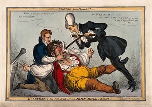 view A large John Bull being held down and force-fed by Peel and Wellington; representing the idea of the Catholic emancipation as a breach of the constitution. Coloured etching by W. Heath, 1829.