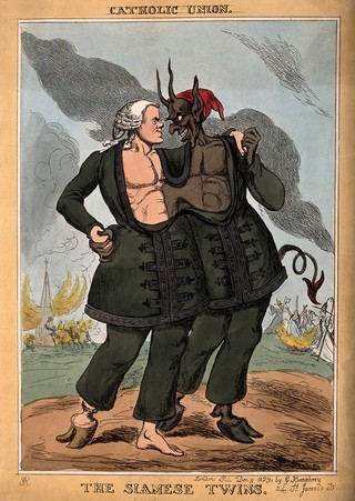 Daniel O'Connell and the devil represented as the Siamese twins joined at the chest; representing alleged atrocities by Roman Catholics. Coloured etching attributed to A. Sharpshooter, 1829.