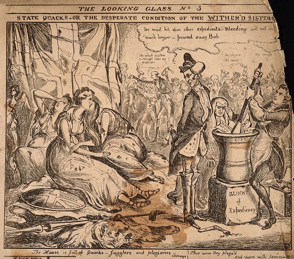Three despairing women, one of whom looks disapprovingly at three quack medicine vendors concocting a mixture; representing Britain's economic depletion and distress at the hands of her politicians. Etching by W. Heath, 1830.