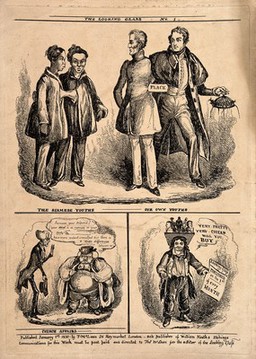 Wellington and Peel compared with the Siamese twins (above); a rich bishop and a poor parson; and a street vendor of figurines. Etching by W. Heath, 1830.
