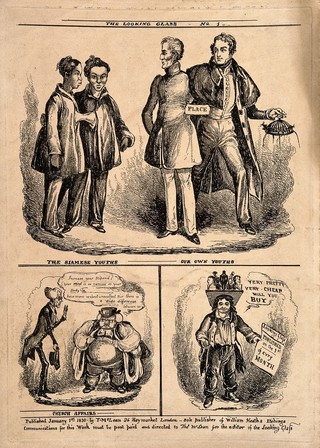 Wellington and Peel compared with the Siamese twins (above); a rich bishop and a poor parson; and a street vendor of figurines. Etching by W. Heath, 1830.