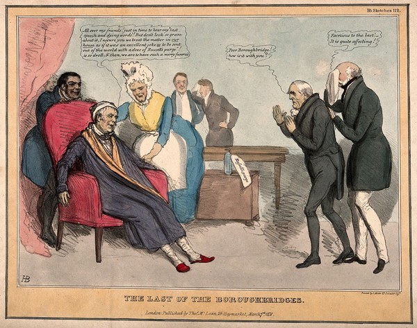 Sir Charles Wetherell collapsed in a chair surrounded by both smiling and weeping fellow politicians; referring to reactions to the Plan of Reform which disenfranchised sixty boroughs. Coloured lithograph by J. Doyle, 1831.