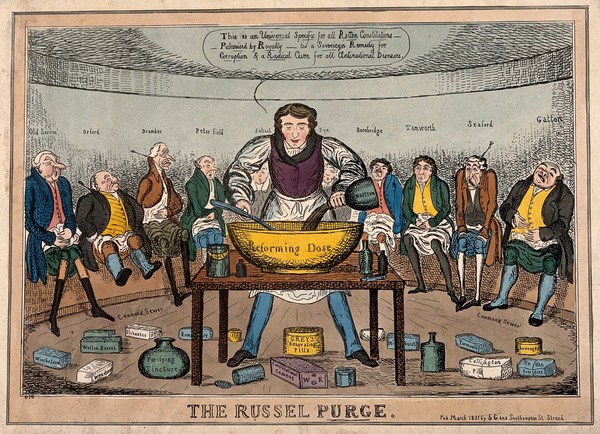 John Russell mixing a large concoction surrounded by a semi-circle of politicians on latrines; representing the Reform Bill which disenfranchised sixty 'rotten' boroughs. Coloured etching by C.J. Grant, 1831.