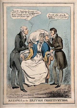 A sick old woman seated between two doctors each prescribing different medication; representing Wellington's and Russell's opposing political views. Coloured etching, 1831.