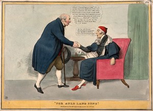 view John Bull shaking the hand of a sick man; referring to Wellington's illness and depression due to political strain. Coloured lithograph by J. Doyle, 1831.