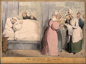 view A large man in bed after giving birth to a mouse; referring to the Duke of Buckingham's attempt to introduce his own 'Reform Bill' which excluded disenfranchisement. Coloured lithograph by J.Doyle, 1832.